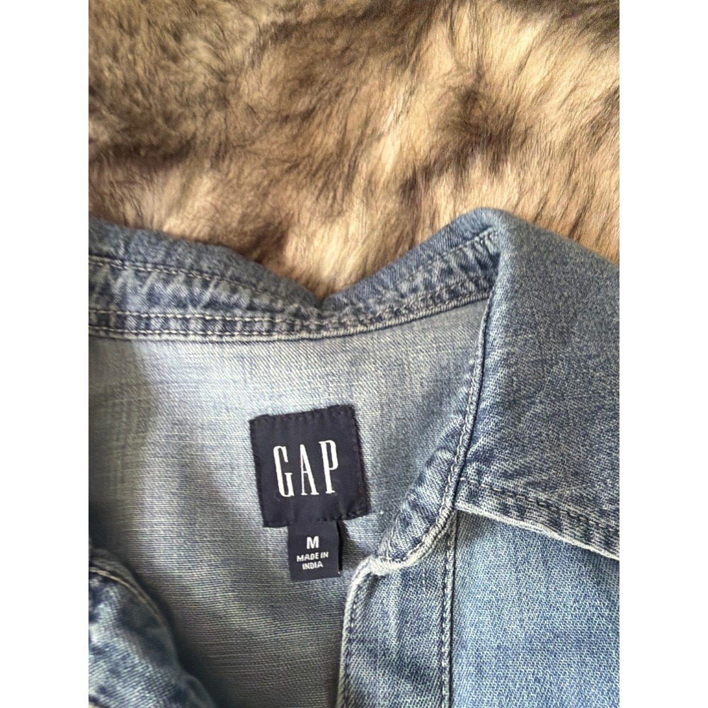 Gap Denim Midi Shirt Dress Medium Wash Blue Cotton Sleeveless Pleated Waist M - Picture 4 of 8